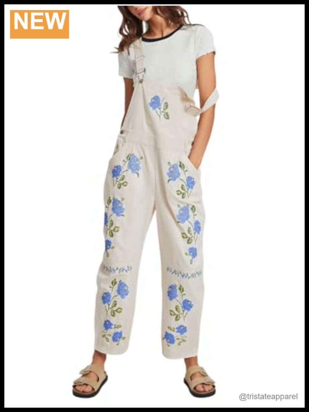 Womens Floral Embroidered Denim Overalls Loose Fit Bib Jumpsuit